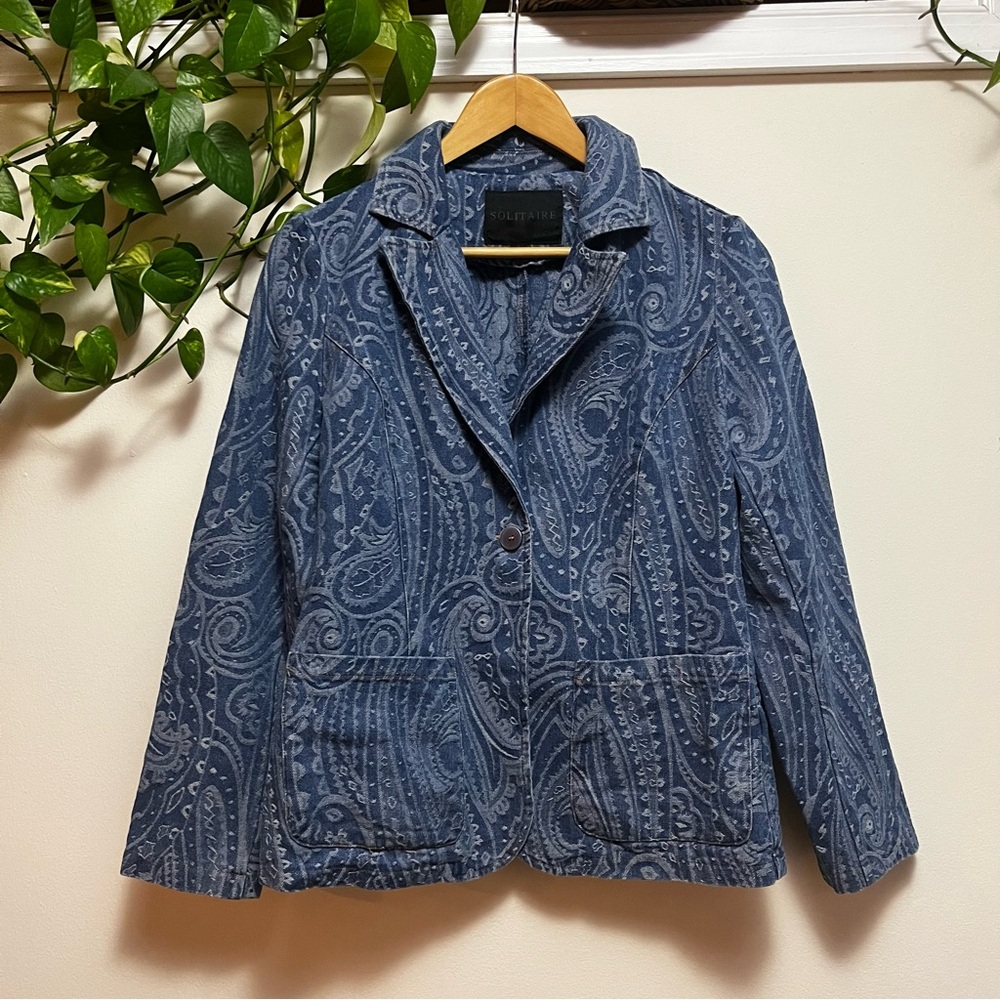 Anthropologie Solitaire Blue Paisley Denim Blazer Jacket